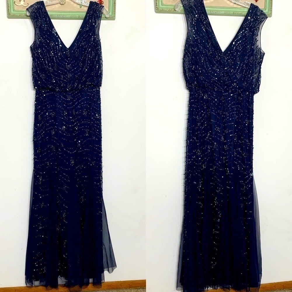 Aidan Mattox Sequin v-neck & back mermaid navy full length evening dress 8 women